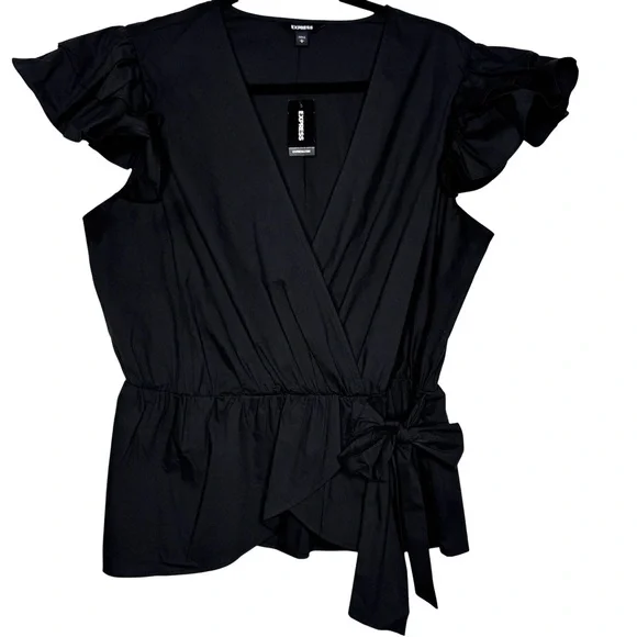 New Express Black V-Neck Wrap Flutter Sleeve Classy Preppy Minimalist Top Size L - Picture 2 of 8
